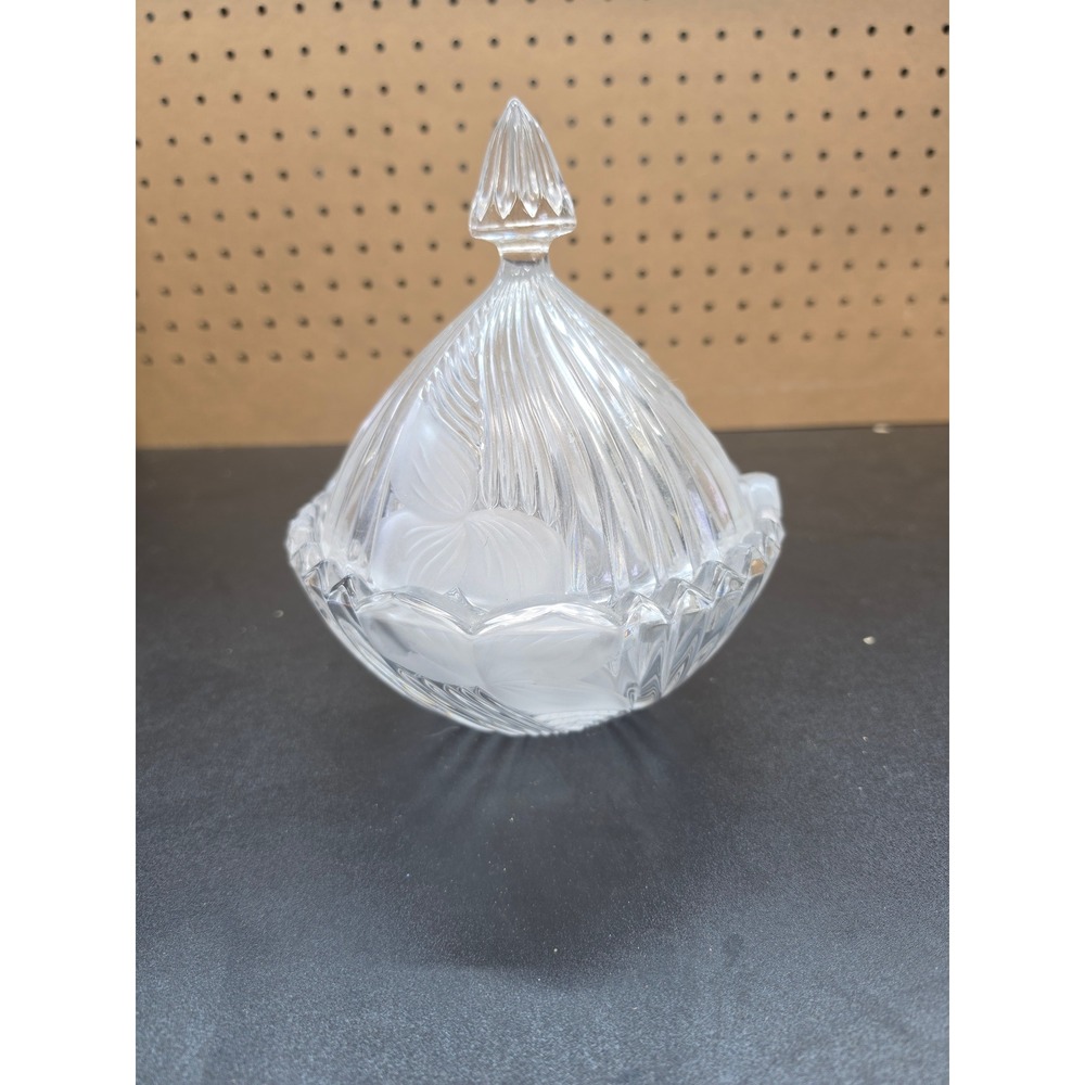 Vintage Frosted Glass Candy Dish with Lid Floral Swirl Pattern Clear Crystal